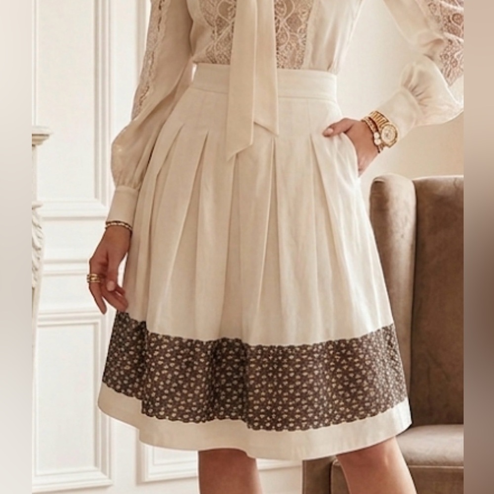 Ann Taylor Loft White Brown Embroidered Pleated Midi Skirt ID8012A Size 0‎